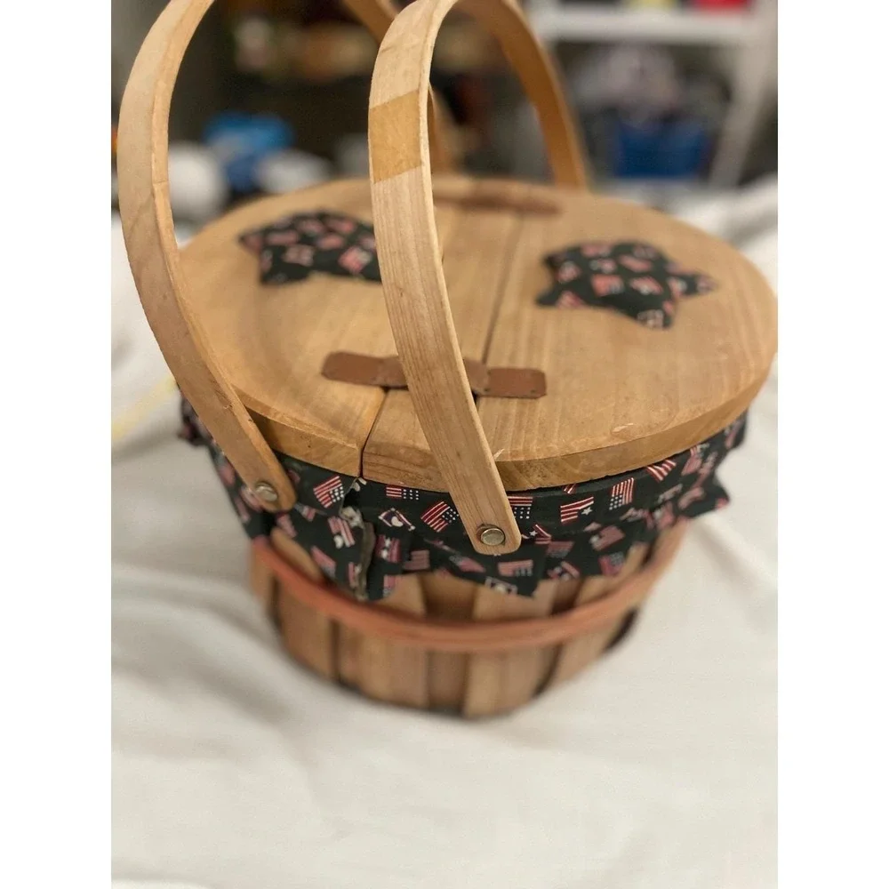 VTG 13Star Wood Double Lid Barrel Weave Basket Lined Flag Heart Leather USA Gift